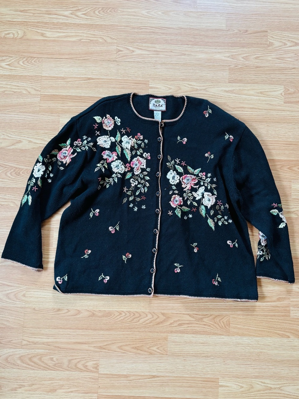 Tiara Intl Vintage Black Floral Embroidered Cotton Blend Cardigan Sweater Plus